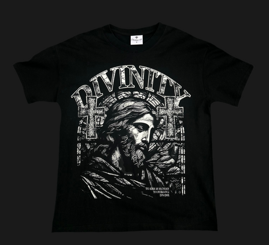 Black Divinity fitted tee shirt with DTG print of a saintly figure, featuring artistic crosses and the word 'DIVINITY'.