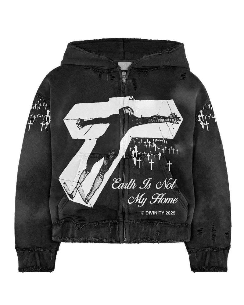 DIVINITY “Earth Is Not My Home” Faith-Inspired Distressed Zip Hoodie - DIVINITY