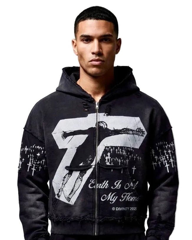 "Earth Is Not My Home" - Distressed Zip Up - DIVINITY