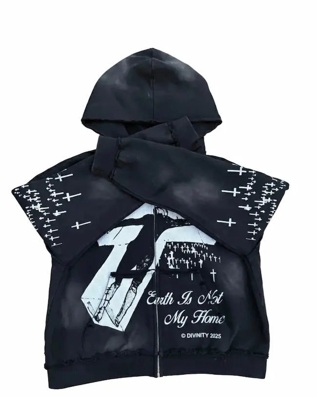 Black sleeveless hoodie with white graphic design and text on a white background