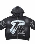 Black hoodie with white graphic design and text on a white background