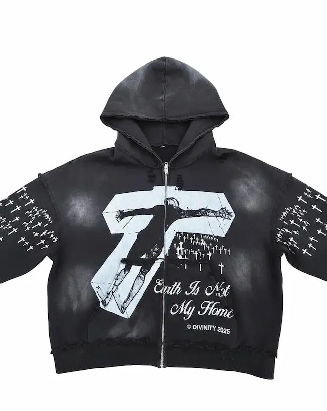 Black hoodie with white graphic design and text on a white background